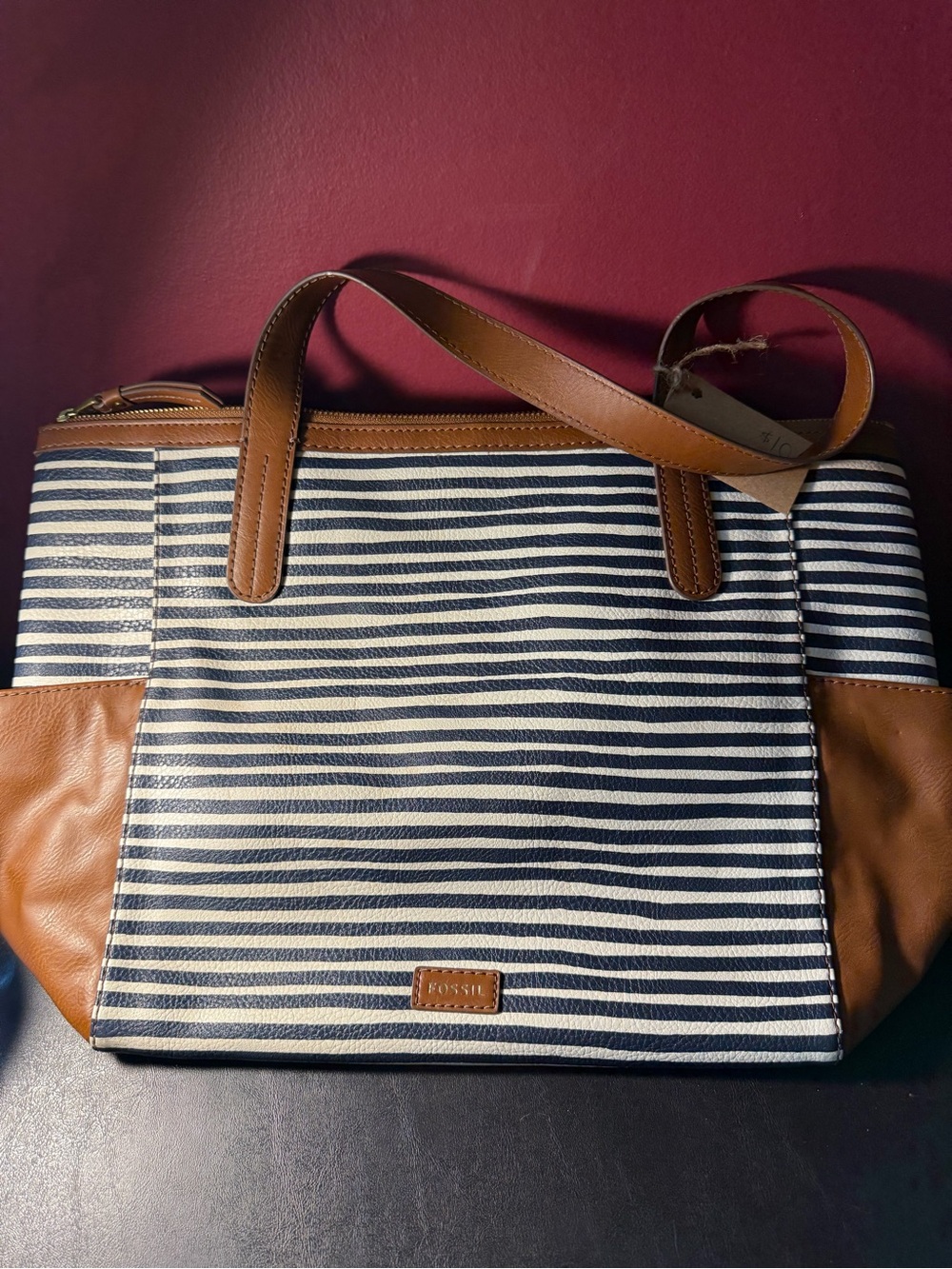 Fossil Navy and White Striped Tote with Brown Trim